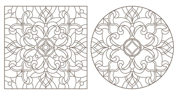 Набір контурних ілюстрацій з абстрактними квітковими візерунками, круглим і квадратним зображенням, темні контури на білому тлі
 - Вектор, зображення