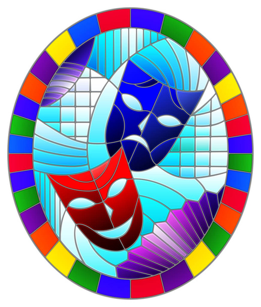 Illustration in stained glass style on the theme of carnival with abstract mask, oval image in bright frame - Vector, Image