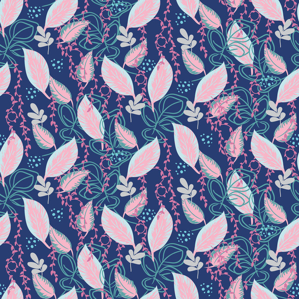 Botanical plants seamless vector pattern. Leaves repeat blue and pink print illustration. - Vektör, Görsel
