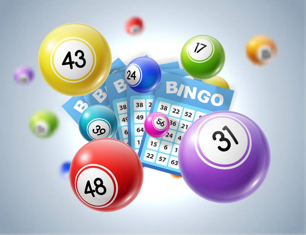 Lotto labdák és számok sorsjegyet - Vektor, kép