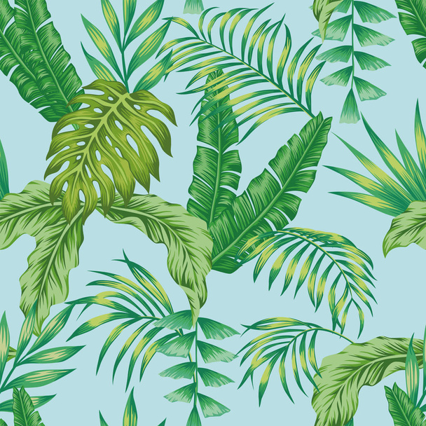 Tropical pattern green leaves seamless blue background - Vector, imagen