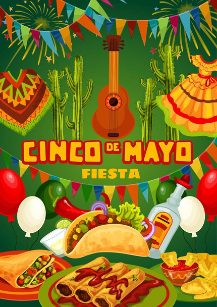 Guitarra mexicana, comida, bebida. Cinco de Maio
 - Vetor, Imagem