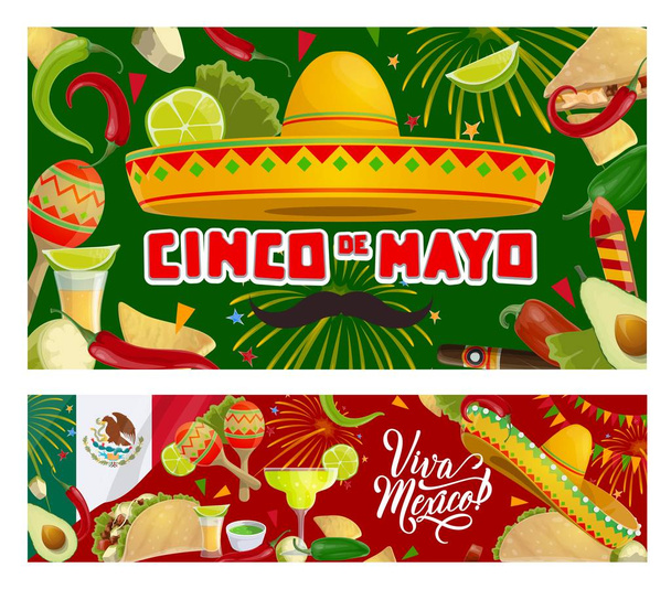 Cinco de Mayo Mexican maracas, sombrero, moustache - Vector, Image