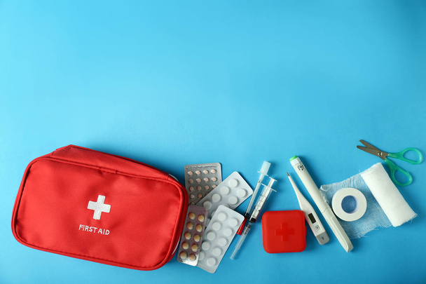 First aid kit on color background - Photo, Image