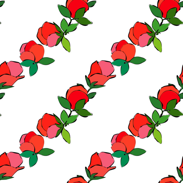 Seamless pattern with pink decorative roses with black stroke on white background. Summer garden. Can be used for wallpaper, textile, invitation card, wrapping, web page background. - Vetor, Imagem