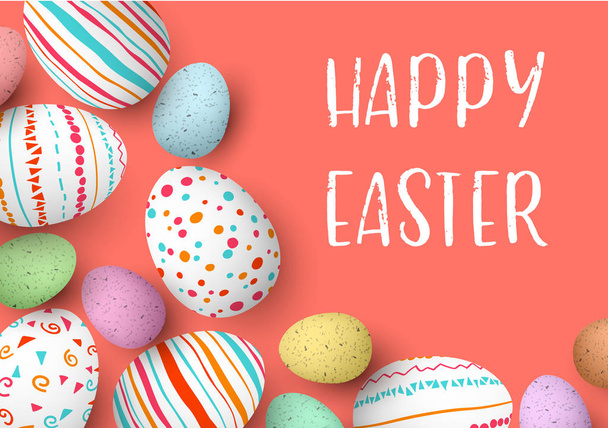 Happy Easter eggs frame with text. Colorful easter eggs on coral background. hand font. Scandinavian ornaments - Vektor, obrázek