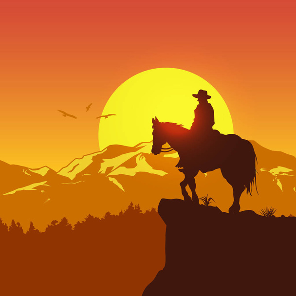 日没、ベクトル図で馬に乗って寂しいカウボーイのシルエット - ベクター画像