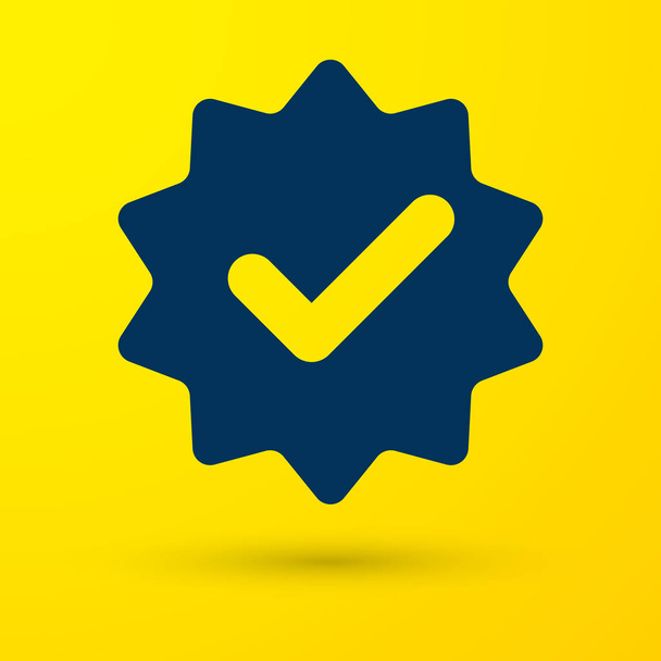 Blue Approved or certified medal with ribbons and check mark icon isolated on yellow background. Vector Illustration - Вектор, зображення