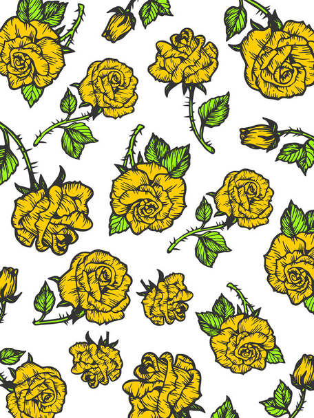 Rain of beauty yellow rose flower color sketch engraving vector illustration. Background pattern. Scratch board style imitation. Hand drawn image. - Vektori, kuva