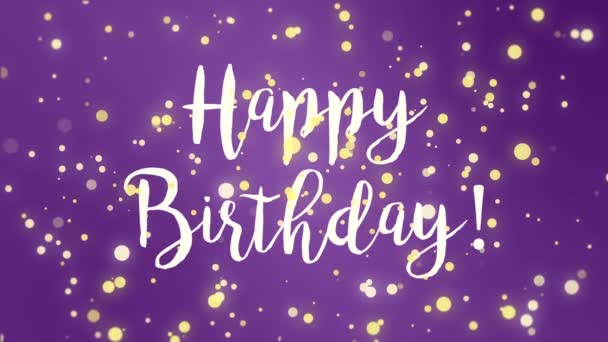 Spaß lila Glückwunschkarte zum Geburtstag mit fallenden gelben Lichtteilchen. - Filmmaterial, Video