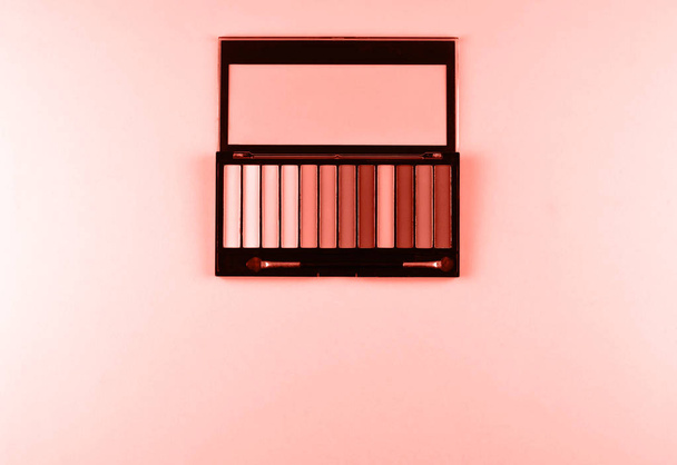 The palette of shadows fashionable coral color on a paper background.  - Photo, Image