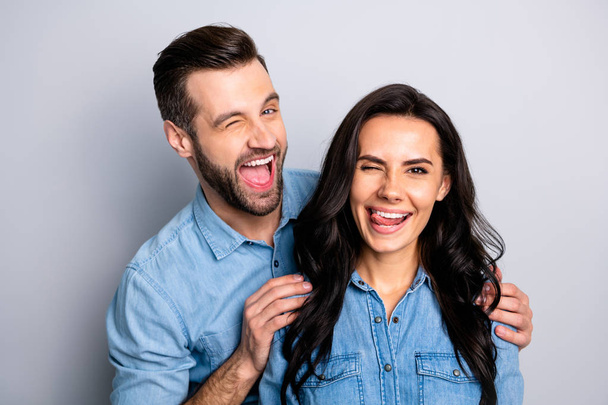 Big children. Close up photo of carefree cheerful handsome beautiful childish people person making embraces feeling happiness joy laughing laughter dressed denim shirts isolated silver background - Photo, Image