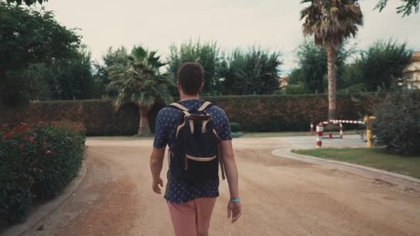 Kayıp turist adam Park tropikal bahçe alanında yürüyüş, arka görünüm - Video, Çekim