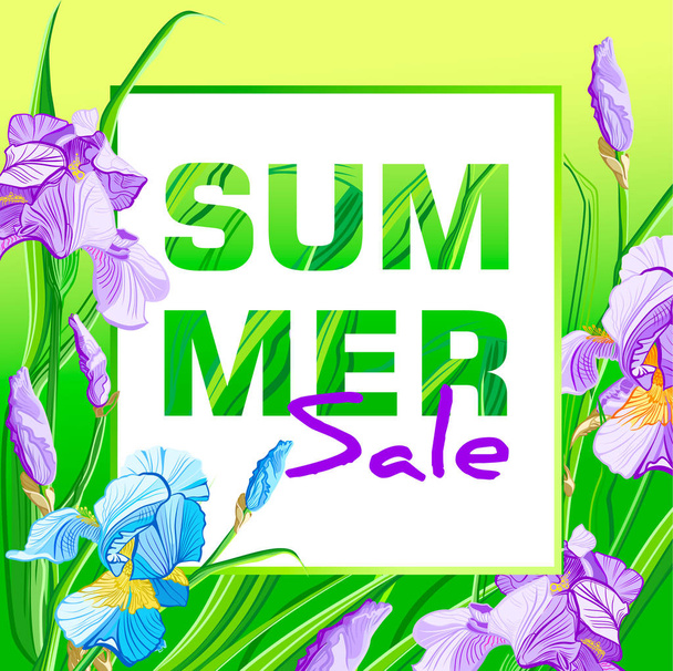 Summer sale banner with blue and purple flowers, flower iris design for banner, flyer, invitation, poster, placard, web site or greeting card. - Fotó, kép