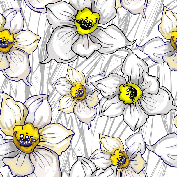 Patrón monocromo floral sin costura con flores dibujadas a mano
 - Vector, Imagen