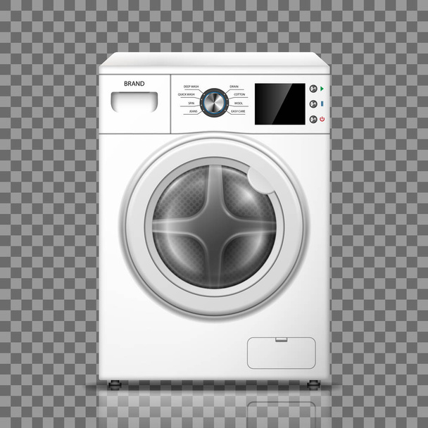 Realistic washing machine isolated on transparent background. White washer front view. Modern washing machine mockup or home appliances. vector illustration - Vector, Image