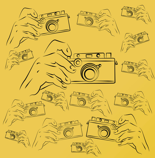 conjunto de manos con cámaras sobre fondo de color
  - Vector, imagen