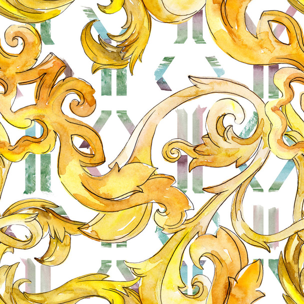 Gold monogram floral ornament. Baroque design isolated elements. Watercolor illustration set. Watercolour drawing fashion aquarelle. Seamless background pattern. Fabric wallpaper print texture. - Φωτογραφία, εικόνα