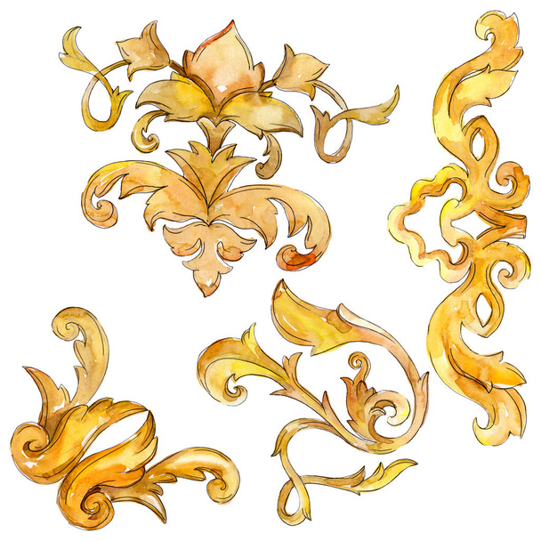 Χρυσό μονόγραμμα floral στολίδι. Μπαρόκ σχεδιαστικά στοιχεία. Ακουαρέλα φόντο εικόνα σύνολο. Ακουαρέλα σχεδίασης μόδας ακουαρέλα. Απομονωμένη μονόγραμμα εικονογράφηση στοιχείο. - Φωτογραφία, εικόνα