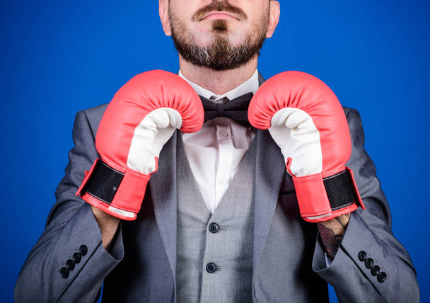 Attack and defense concept. Achieve success. Tactics proven to work. Criminal defense lawyer planning out strategies. Businessman wear boxing gloves. Best criminal defense lawyer strategies - Photo, image