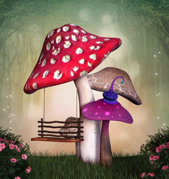 Fantasiegarten mit bunten Pilzen und Schaukel 3D-Illustration - Foto, Bild