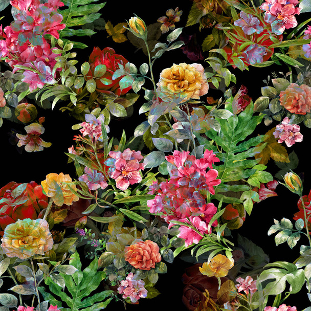Watercolor painting of leaf and flowers, seamless pattern on dark background - Fotó, kép