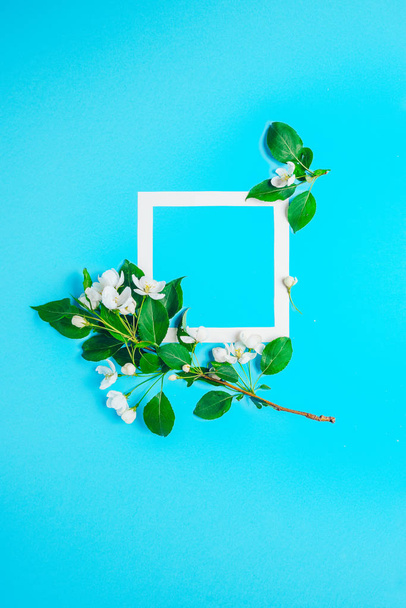 Creative layout with blooming apple tree on a blue background. Flat lay. Concept - spring minimalism - Photo, Image