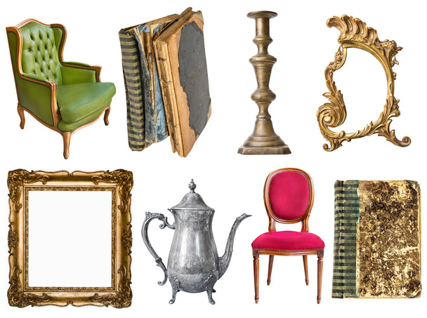 Set van 8 prachtige oude vintage items. Oude boeken, vintage fauteuil - Foto, afbeelding