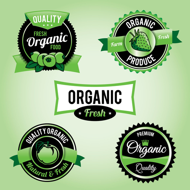 Etiquetas e insignias de alimentos ecológicos
 - Vector, imagen