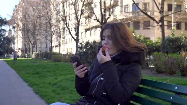 attractive girl talking on the phone and eating strawberries in the park - Кадры, видео