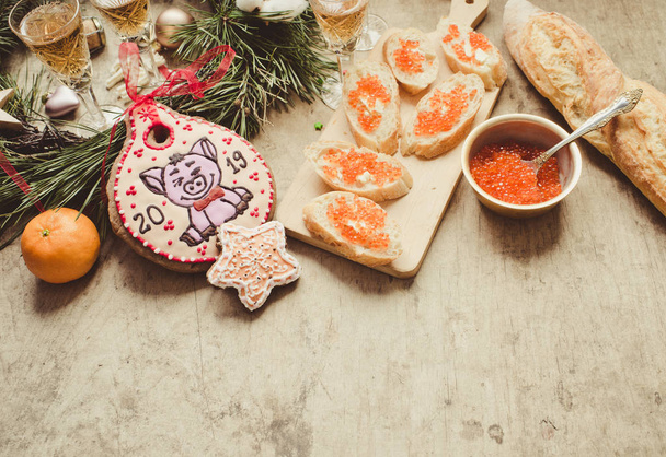 Sandwiches with salmon red caviar on background,close up - 写真・画像