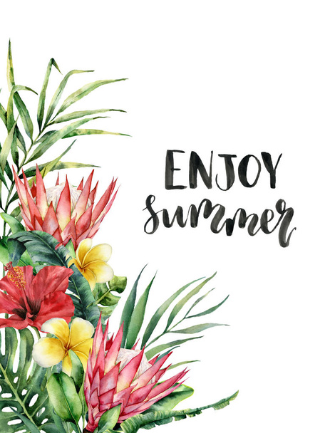 Aquarel Enjoy zomer belettering kaart. Handgeschilderde bloemen: protea, hibiscus en plumeria geïsoleerd op een witte achtergrond. Illustratie voor ontwerp, afdrukken, achtergrond. - Foto, afbeelding