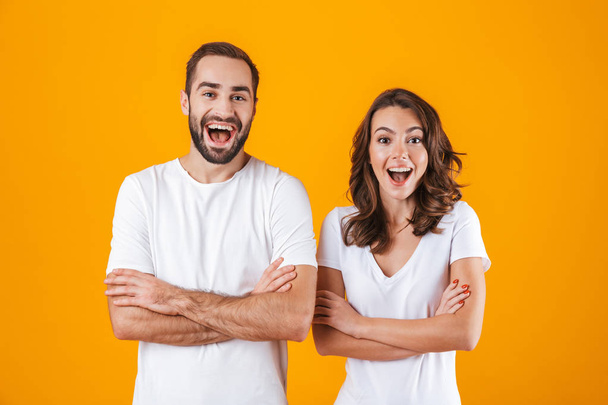 Portrait of happy people man and woman in basic clothing smiling - Foto, Imagen
