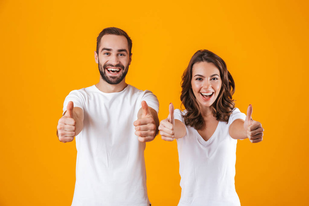 Portrait of optimistic people man and woman in basic clothing sh - Foto, Bild