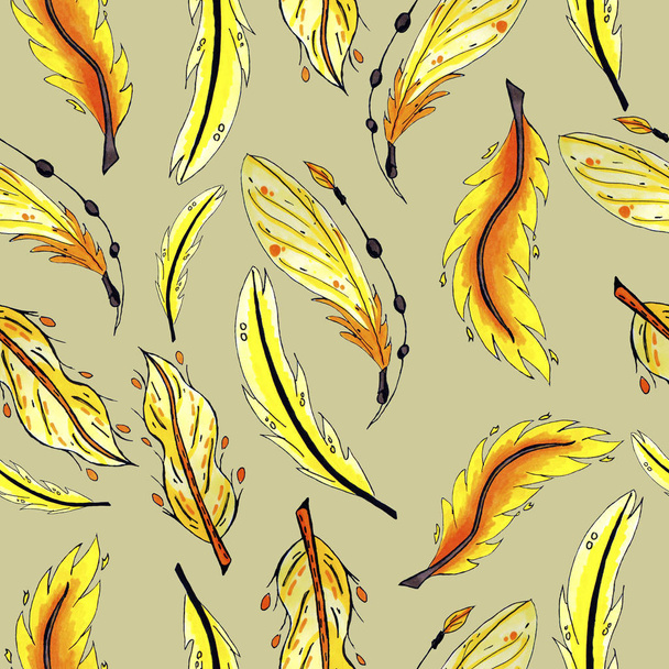 жовте і помаранчеве пір'я безшовний візерунок. барвисті пір'я птахів повторювані тло для веб і друку цілей
 - Фото, зображення
