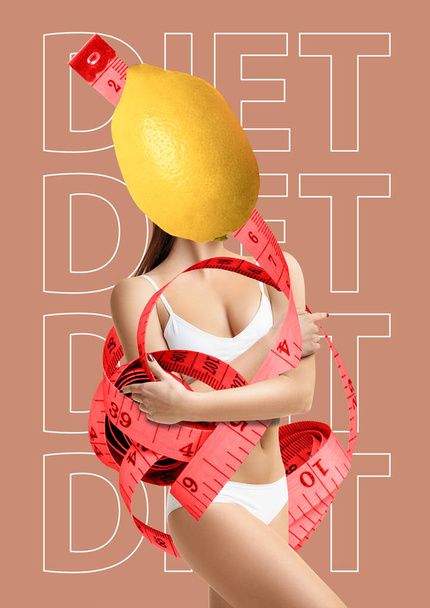 Diet concept. Girl with lemon instead of head. Modern design. Contemporary art collage. - Foto, Bild