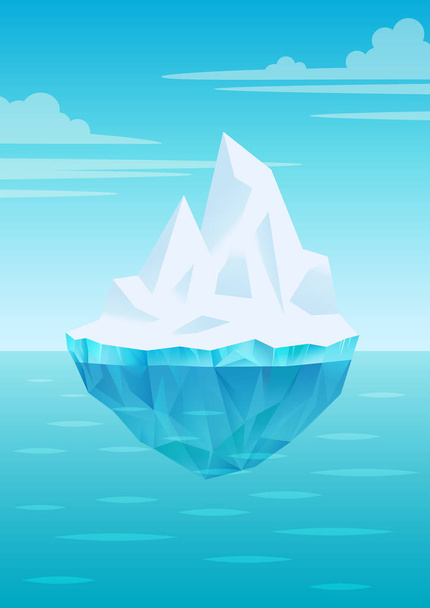Iceberg galleggiante su onde d'acqua con parte subacquea, cielo azzurro brillante con nuvole, ghiaccio d'acqua dolce, ghiacciaio o piattaforma di ghiaccio, vettore
 - Vettoriali, immagini