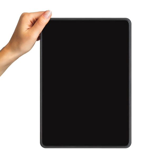 Mock up of black tablet and womens hand, concept of mobile shopping - Fotografie, Obrázek