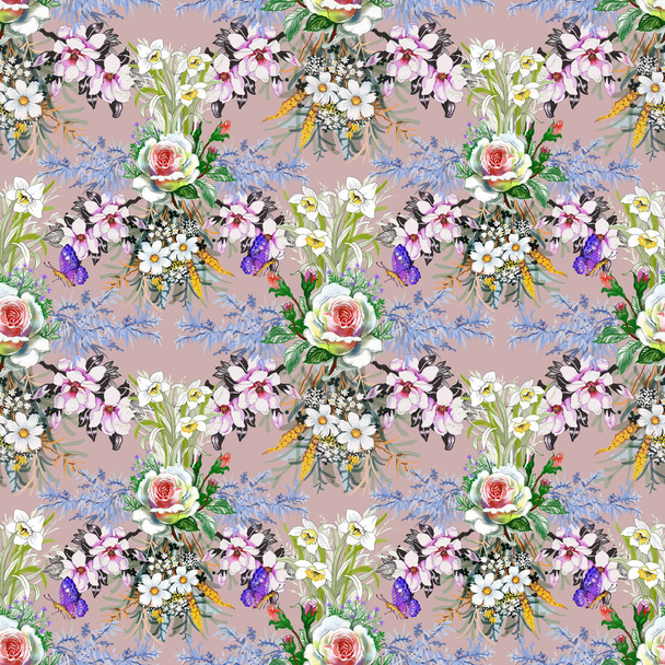 Watercolor seamless pattern with beautiful roses  and wildflowers - Φωτογραφία, εικόνα