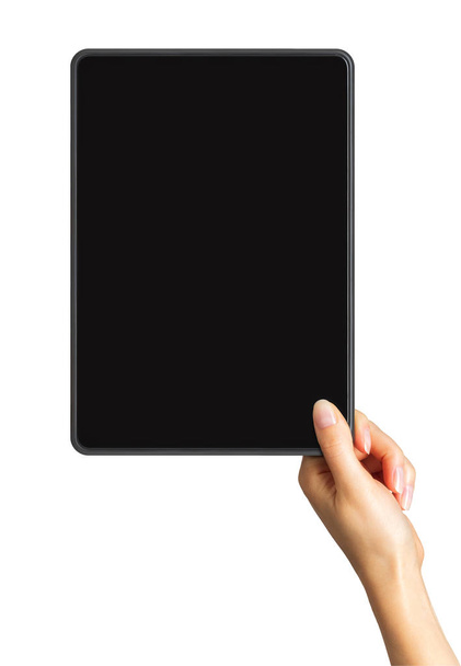 Womens hand showing black tablet, concept of taking photo or selfie - Fotó, kép