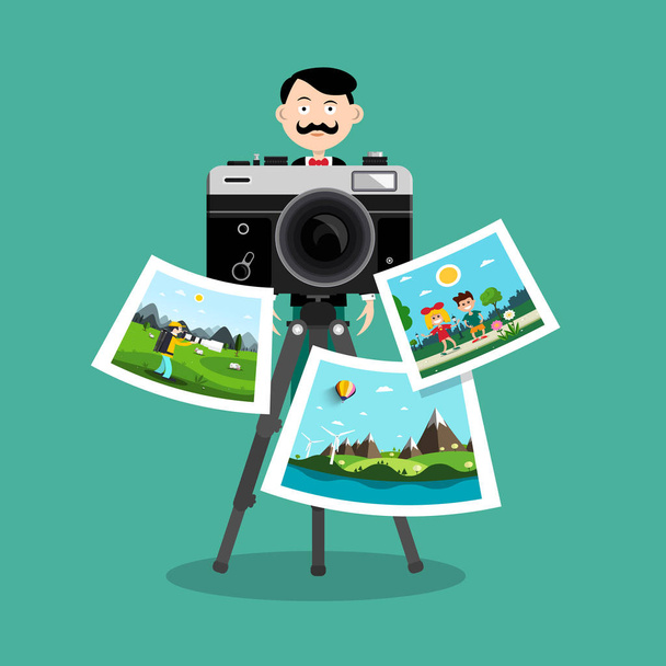 Photographer with Printed Pictures and Retro Camera Vector Design - Vector, Image