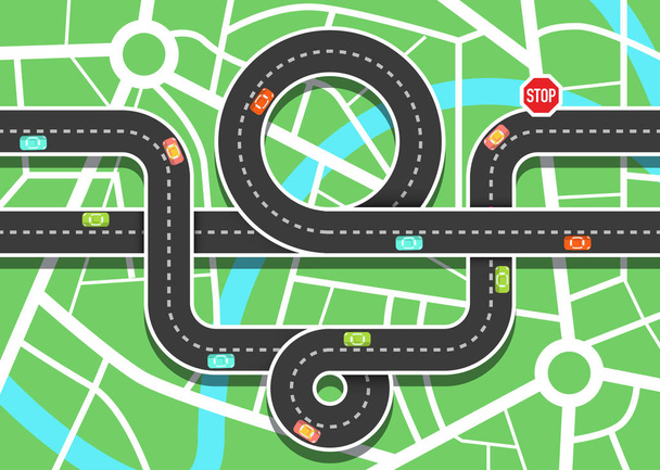 Top View Vector City Map with Cars on Road and Stop sign
 - Вектор,изображение