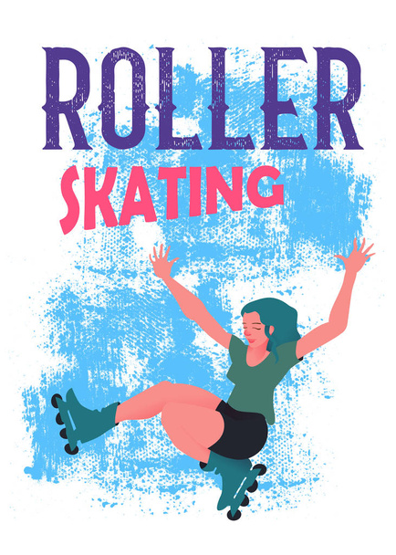 The girl with blue hair on roller skates on blue grunge background. The young beautiful sportswoman in the movement. Banner or poster in flat style vector illustration and text "Roller Skating". - Vector, Image