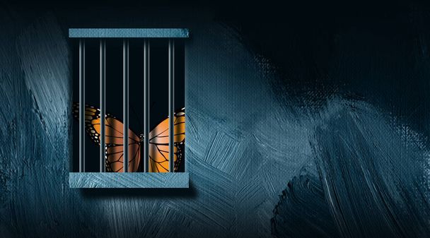 Butterfly behind prison bars graphic abstract background - Photo, Image