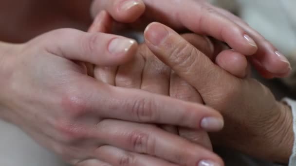 Νεαρή γυναίκα χαϊδεύοντας τα χέρια του συνταξιούχου, φροντίδα για τα παλιά τους γονείς, συμπόνια - Πλάνα, βίντεο