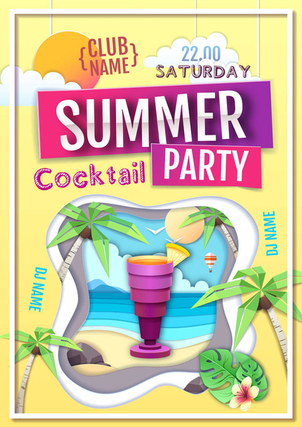 Disco summer cocktail party poster. Paper cut out art style design - Вектор,изображение