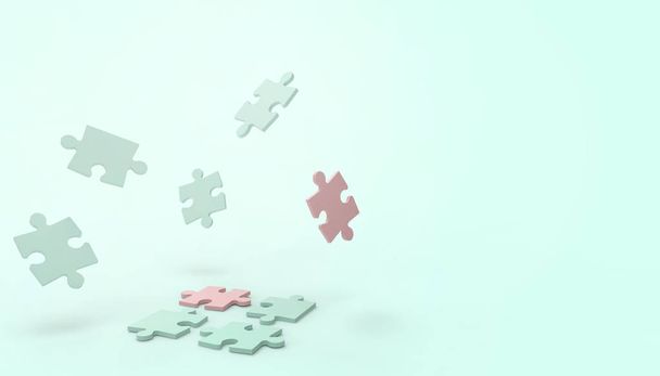 Jigsaw blue and Green puzzle game Movimento ideia criativa e de negócios Conceito Liderança em pastel Fundo verde - renderização 3d
 - Foto, Imagem