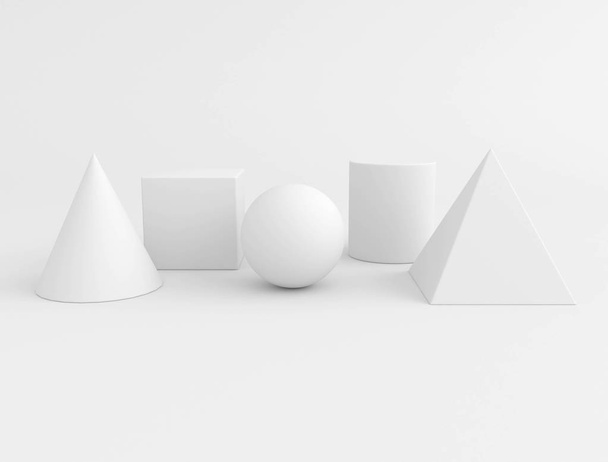 Valkoinen geometria 3D Graafiset muodot Kuutio Pyramidi Cone sylinteri pallo eristetty valkoisella pohjalla varjot 3D renderöinti
 - Valokuva, kuva