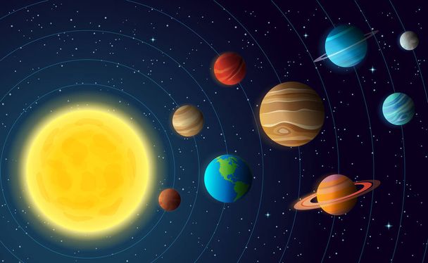 Modelo do sistema solar com planetas coloridos em órbita e estrelas no céu
 - Vetor, Imagem