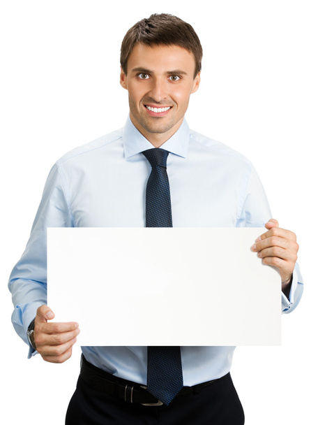 Businessman showing signboard, on white - Φωτογραφία, εικόνα